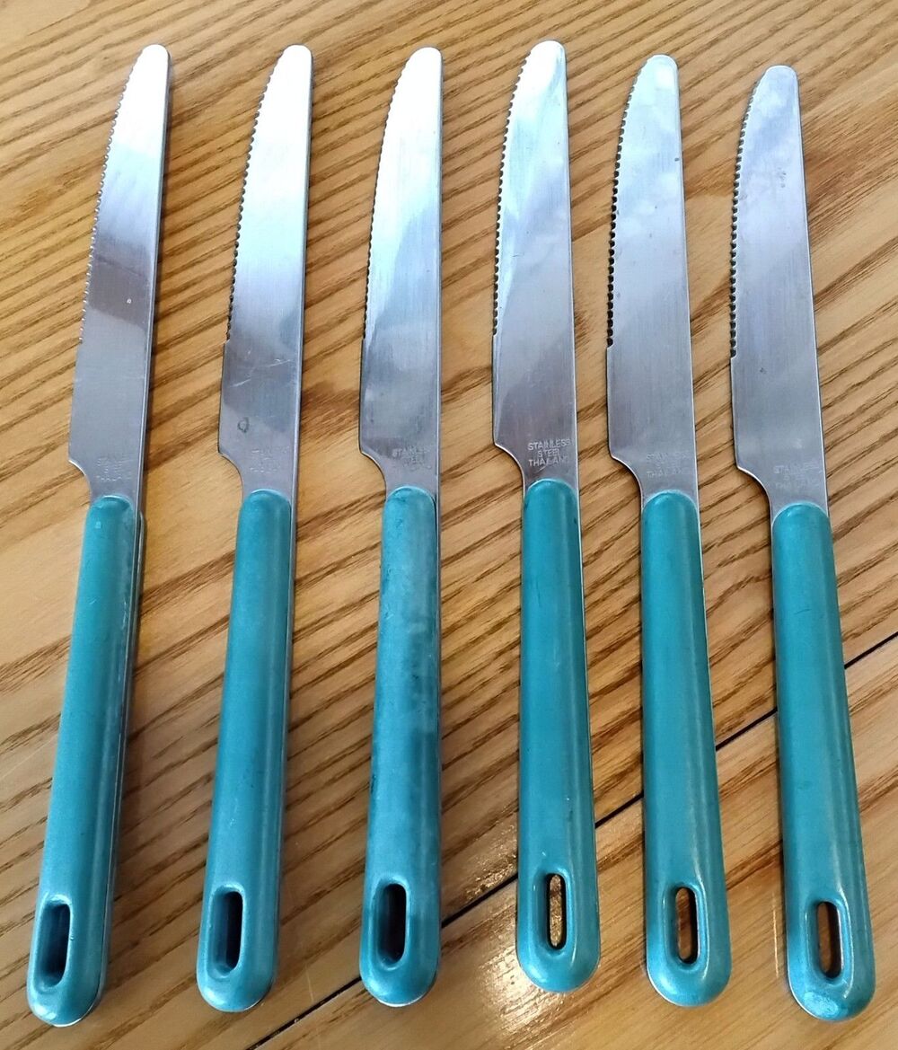 Vintage Retro Green Steak Serrated Knife Set Of 6 Thailand S S Good